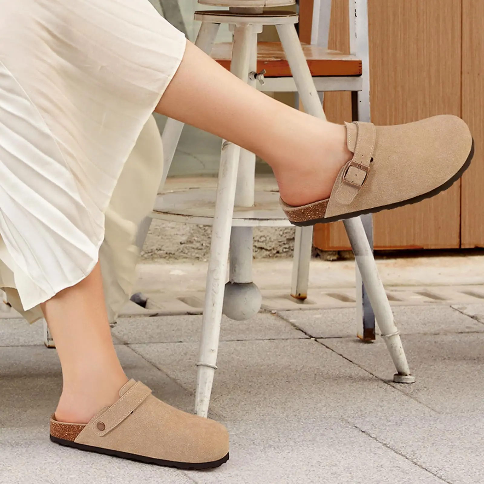 Evshine النساء الجلد المدبوغ الفلين النعال مع حزام قابل للتعديل مريح قوس دعم الجلود البغال الرجعية الرجال البطاطس أحذية سيدة الفلين قباقيب - Image 3