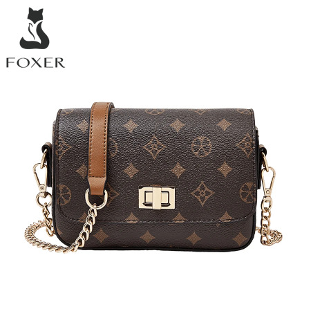 حقيبة كروس بودي بسلسلة مونوغرام من FOXER للنساء، حقيبة كتف صغيرة مربعة فاخرة للسيدات، حقيبة يد عصرية